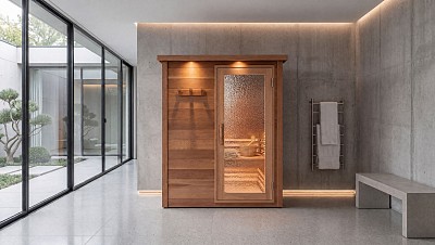 sauna cedar frame full length obscure glass installed