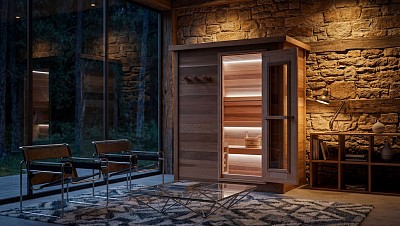 indoor prefab cabin sauna night lifestyle