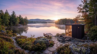 outdoor prefab cabin sauna lake view