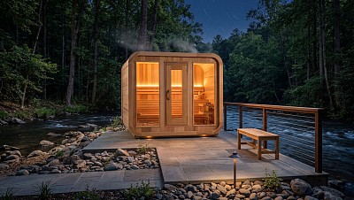 outdoor prefab luna sauna night lifestyle