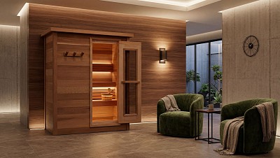 indoor prefab cabin sauna armchairs lifestyle